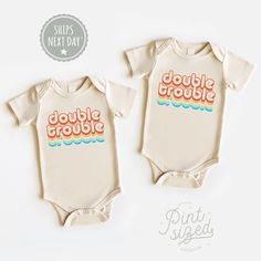 Double Trouble Twin Onesies® Funny Best Friends Twin Bodysuit Set Retro Twin Baby Onesies® - Etsy Twin Onsies Funny, Funny Onesie For Gender Reveal With Text, Funny Text Onesie For Gender Reveal, Playful Short Sleeve Onesie With Funny Text, Casual Unisex Onesie With Letter Print, Family Matching Onesie With Funny Text For Birthday, Family Matching Birthday Onesie With Funny Text, Cute Short Sleeve Onesie For Gender Reveal, Cute Onesie With Name Print For Playtime