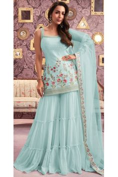 Malaika Arora Ice Blue Embroidered Faux Georgette Sarara Kameez Gharara Suits, Diwali Dresses, Suits Online Shopping, Western Wedding Dresses, Bridesmaid Saree, Sharara Suits, Malaika Arora, Women Suits, Party Sarees