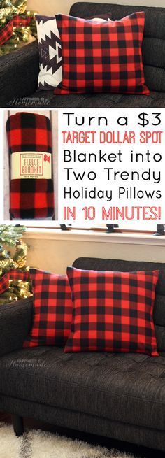 a couch with red and black buffalo plaid pillows on it in front of a christmas tree