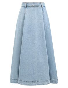 The Crush Denim Full Midi Skirt in Blue Moon from our Resort 2025 Collection, Crush. A denim midi skirt featuring fitted waistband, flared panels and topstitching. Resort 2025, Crush A, The Crush, Full Midi Skirt, White Accessories, Resort Dresses, Denim Midi Skirt, Swimwear Outfit, Knit Shirt