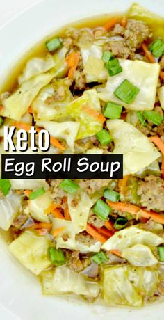 egg roll soup in a white bowl with carrots and celery