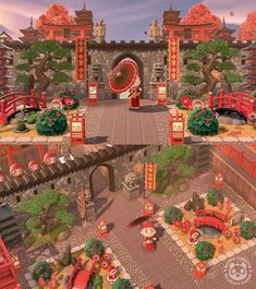 Acnh Island Inspirations Japanese, Acnh China Town Ideas, Acnh Torii, Acnh Japanese Castle, Red Acnh Island, Asian Acnh Island, Animal Crossing China Town, Acnh China Town, Animal Crossing Chinese Design