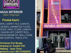 the front and side of a building with cars parked in front, and an advert for naga interior