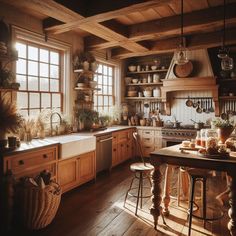 an old fashioned kitchen with wooden floors and walls is pictured in this image, the sun shines through the windows