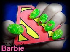 Superman Kryptonite Nails - 3D Nail design of kryptonite, the ultimate natural weakness of Superman. Superman Kryptonite, Nail Art Techniques, Nail Patterns, Nail Art Tutorial, Nail Tutorials, 3d Nails, Design Tutorials