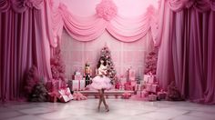 a woman in a pink dress standing next to a christmas tree with presents on it