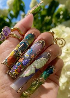 Fairy Nail Inspiration, Stained Glass Acrylic Nails, Junk Nails Bling Long, Enchanted Garden Nails, Birthday Nails Stiletto Long, Maxamilist Nails, Diy Nail Stand, June Birthday Nails, Nail Painting Designs