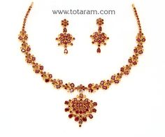 22 Karat Gold Ruby Necklace & Drop Earrings Set - 235-GS3598 - in 38.550 Grams for USD $3388.32. 
Made in India by Totaram Jewelers Online this product is in Gold - 22 Karat BIS Hallmark 916 KDM Gold  & is an excellent gift for Adult - Women. Ships fully insured with secured guaranteed delivery for free with your order over $250 from New Jersey USA & comes with 30 days exchange policy. Ruby Necklace Designs, Gold Ruby Necklace, 22k Gold Necklace, Gold Necklace Set, Ruby Necklace, Gifts For Adults, 22k Gold, Earrings Set, Necklace Designs