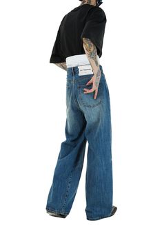 Introducing the Dual Waistband Baggy Denim Jeans from the IN TERRIS SS22 collection. These unisex jeans feature a double-waisted design with a contrasting white elastic inner waist. The baggy, straight-leg fit and foldable high-waisted shape provide a unique and stylish look. Made from light elastic denim cotton fabric, these dark blue denim jeans come with an IN TERRIS back patch in white. Available in three sizes: Small, Medium, and Large. Detailed size chart below for specific measurements: S Baggy Wide Leg Hip Hop Jeans, Oversized Wide Leg Hip Hop Jeans, Oversized Wide-leg Hip Hop Jeans, Hip Hop Baggy Jeans With Five Pockets, Oversized Straight Leg Hip Hop Jeans, Baggy Cotton Flare Jeans With Belt Loops, Oversized Five Pocket Jeans For Streetwear, Oversized Five-pocket Jeans For Streetwear, Dark Wash Flare Jeans With Belt Loops For Streetwear