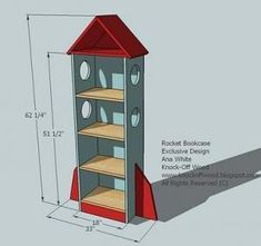 a drawing of a tall bookcase with shelves on each side and a red roof