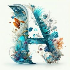 the letter a is made up of flowers and leaves on a white background with blue water