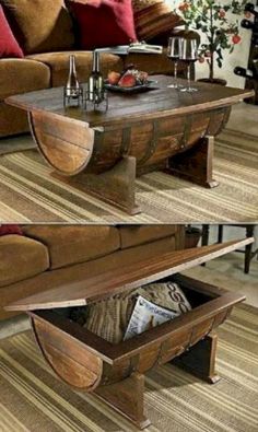 two pictures of a coffee table with an open drawer underneath it and the bottom is empty