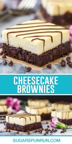 chocolate cheesecake brownies with white frosting on top