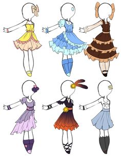 four cartoon girls in different dresses and shoes, one is holding her arms out to the side