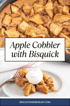 apple cobbler with biscuits in a pan and on a plate next to a fork