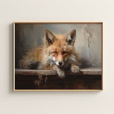 a painting of a red fox resting on a ledge