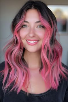 Face-Framing Pink Highlights Hair Color Idea. Pink Hair For Fall, Dark Hair Pink Money Piece, Fun Hair Color Ideas For Brunettes Pink, Pink Face Frame Hair, Brunette To Pink Hair, Dark Brown Hair Pink Highlights, Pink Face Framing Highlights, Died Hairstyles