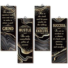 three black and gold wall hangings with the words,'hustle execute '