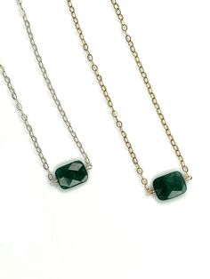 This Dark Aventurine Necklace is a burst of emerald green color and good vibes! The faceted stone amplifies prosperity and encourages positive insight, making it perfect for the modern maven. Crafted with a gold-filled or sterling silver flat cable chain, it's an eye-catching accessory made for good energy, and good looks! Placed on a flat cable chain with option for custom length of 16”, 18”, or 20” with 2” extender chain. Due to the natural characteristics of each gemstone, the stone you recei May Birthstone Emerald Necklace With Natural Stones, Emerald Necklace For Everyday Wear, Emerald Necklace With Natural Stones For May Birthstone, Minimalist Green Emerald Necklaces, Minimalist Green Emerald Necklace For Everyday, Spiritual Emerald Necklace For May Birthstone, Everyday Minimalist Green Emerald Necklace, Minimalist Green Emerald Necklace, Everyday Green Emerald Necklace