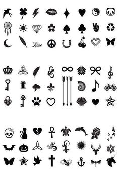 an assortment of different tattoos and symbols on a white background, including hearts, arrows, cross, heart shapes, flowers, stars, birds, etc