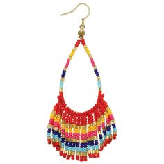 Fringe is in and you're on top of the trend! Southwest style seed bead patterned earrings with open teardrop ending in beautiful multicolor beaded fringe. Measures: 3 3/4" x 1" Summer Multicolor Beaded Fringe Chandelier Earrings, Multicolor Beaded Necklaces With Dangling Beads, Multicolor Dangling Beaded Necklace, Beaded Dangle Teardrop Earrings For Festivals, Multicolor Fringe Dangle Jewelry, Multicolor Fringe Beaded Drop Earrings, Multicolor Beaded Fringe Drop Earrings, Multicolor Fringe Beaded Earrings With Round Beads, Summer Multicolor Beaded Necklaces With Dangling Beads