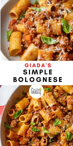 two pictures with different types of pasta in them and the words gidda's simple bolognzoe