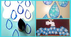 four different pictures with blue and white paper flowers, water droplet shapes, and scissors