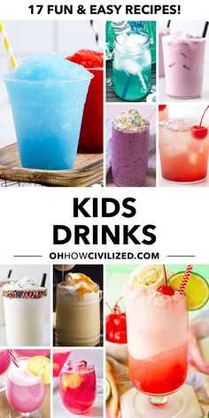 kids drinks collage with text overlay that reads 17 fun and easy recipes for kids drinks