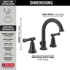 an image of two faucets in black with measurements for the handles and sides