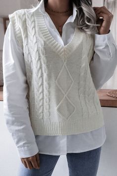 S: length 25 in, bust 41 in, waist 41 in, shoulder 20 in M: length 25 in, bust 43 in, waist 43 in, shoulder 20 in L: length 26 in, bust 45 in, waist 45 in, shoulder 20 in Cable-Knit Ribbed V-Neck Sweater Vest: Embracing Timeless Style and Elegance In the world of fashion, trends come and go, but some pieces manage to withstand the test of time, transcending seasonal fads and capturing the hearts of style enthusiasts. One such timeless garment is the Cable-Knit Ribbed V-Neck Sweater Vest. This ve Plaid Sweater Vest, Look Boho Chic, Waistcoat Woman, Cable Knit Vest, Vest Sweater, Sleeveless Outfit, Winter Vest, Loose Knit Sweaters, Plaid Sweater