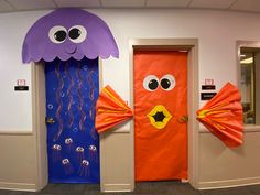 two doors decorated to look like jelly fish and an orange door with googly eyes