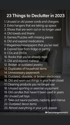 a bed sitting in a bedroom next to a window with the words 23 things to declutter in