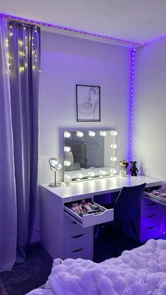 a bedroom with purple lights on the walls