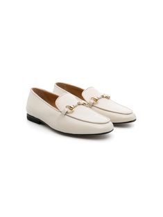 light beige calf leather horsebit detail gold-tone hardware slip-on style almond toe leather lining branded insole low heel Dress With Jean Jacket, Baby Boy Accessories, Gucci Kids, Burberry Kids, Dolce And Gabbana Kids, Slippers For Girls, Girls Shoes Kids, Kids Jordans, Boys Accessories