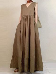 SKU CY-!125328 Material Cotton Style Loose Feature Solid Color Neckline V-Neck Occasion Vintage , Stylish Seasons Spring，Summer Type Maxi Dress Color Beige，Brown Size L,XL Size Chart: Please consult the size chart we provide for this item's measurements to help you decide which size to buy. Please note: There may be 1-3cm differ due to manual measurement. CM Bust Length Waist L 98 135 82 XL 102 136 86 Dresses Casual Boho, Boho Dresses Long, Short Sleeve Maxi Dresses, Linen Maxi Dress, Boho Casual, Dress Robes, Maxi Dress With Sleeves, Pocket Dress, Linen Dresses