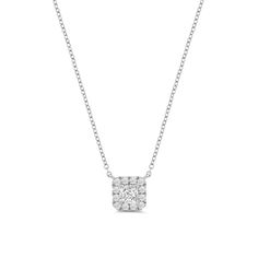 If you need a diamond necklace with a more feminine vibe, this is the one. This white gold necklace features a princess-cut diamond framed by a rounded square halo of round diamonds. Count on this piece to add a little pop of twinkly chic to your looks. Fine Jewelry Diamond Necklace With Princess Cut, Princess Cut Diamond Necklace Fine Jewelry, Brilliant Cut Princess Diamond Necklace, Princess Cut Diamond Necklace With Diamond Cut, Princess Cut Diamond Necklaces, White Diamond Necklace With Princess Cut, Timeless Diamond Necklace With Square Pendant, Anniversary Diamond Necklace With Square Pendant, Timeless Square Pendant Diamond Necklace For Wedding