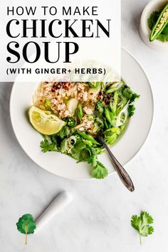 chicken soup with ginger herbs on a white plate