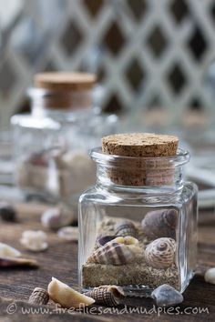 sea shells and sand in a glass jar