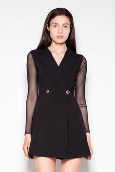 Elegant jacket dress with decorative buttons. Sleeves and back to waist of dress made of transparent mesh. Dress has long sleeves and a striking collar. Black Dress Jacket, Elegant Jacket, Black Tuxedo, Decorative Buttons, Sheer Sleeves, Blazer Dress, Wholesale Clothing, Black Mesh, Model Dress