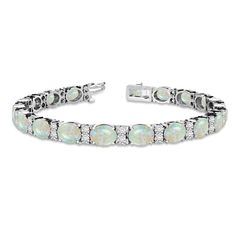 Diamond & Oval Cut Opal Tennis Bracelet 14k White Gold 13.62ct - NG10610 Oval Multi-stone Tennis Bracelet In Fine Jewelry Style, Oval White Bracelets With Diamond Accents, White Oval Tennis Bracelet In Fine Jewelry Style, White Oval Gemstone Bracelet, White Oval Fine Jewelry Bracelets, White Oval Fine Jewelry Bracelet, White Oval Bracelets In Fine Jewelry Style, Birthstone Gems, Colorless Diamond