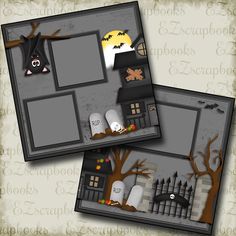 two halloween scrapbook pages with an image of a house and graveyard in the background