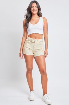 It’s summer all year long in our Women’s High Rise Belted Cargo Shorts! These stretchy high-waisted shorts feature no back pockets for a flattering, smoothing effect on your bum, and two side cargo pockets to carry the essentials when you want to leave your purse at home. Detailed with an optional eyelet belt and a frayed hem for that cool, edgy look. Style with a fitted crop top and sneakers for an athletic vibe, or a ripped tee and boots for a grungy feel. Product Details- High Rise- Zip Fly w Summer Jean Shorts With Cargo Pockets, High Waist Cargo Shorts With Side Pockets For Spring, Summer Cargo Shorts With Cargo Pockets, Spring High Waist Cargo Shorts, High Waist Cargo Bottoms For Summer, High Waist Summer Cargo Bottoms, High Waist Cargo Shorts With Hip Pockets For Summer, High Rise Cargo Shorts For Spring, High Rise Cargo Shorts For Summer