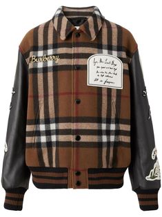 brown/multicolour wool blend/leather logo patch to the front check pattern classic collar front button fastening long sleeves straight hem Wool Cut, Burberry Mens, Jersey Shirt Dress, Mens Sweaters, The Fifties, Leather Sleeves, Embroidered Wool, Burberry Jacket, Flight Jacket