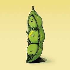 three peas in a pea pod with faces drawn on them, as if they are hugging