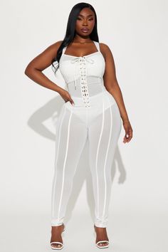 Available In Ivory And Black. Mesh Jumpsuit Adjustable Spaghetti Strap V-Neck Lace Up Detail Ruched Undergarment Lining Hidden Back Zipper Stretch Final Sale Self: 85% Polyester 15% Spandex Contrast: 90% Polyester 10% Spandex Lining: 100% Polyester Imported | Buy Me A Drink Mesh Jumpsuit in Ivory size 1X by Fashion Nova Mesh Jumpsuit, Search By Photo, Service Women, Jean Top, Jeans Jumpsuit, Matching Dresses, Fashion Nova, Spaghetti Strap, Jumpsuit Romper