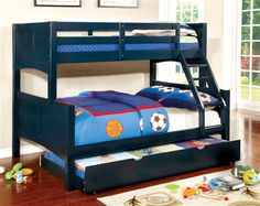 a bunk bed with blue sheets and soccer balls on the mattresses, is shown