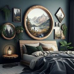 a bedroom with green walls and paintings on the wall