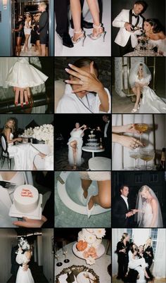 a collage of wedding pictures with bride and groom cutting their wedding cake at the same time