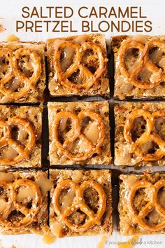 salted caramel pretzel blondies on top of each other in squares