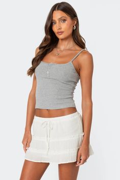 Striped Henley Tank Top – edikted Summer Stretch Gray Camisole, Gray Stretch Summer Camisole, Gray Camisole Tank Top For Summer, Gray Stretch Camisole For Summer, Gray Seamless Tank Top For Summer, Gray Tops With Built-in Bra For Summer, Gray Summer Tank Camisole, Gray Tank Camisole For Summer, Summer Gray Tank Camisole